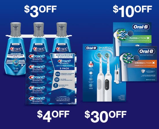 Crest 3D White Advanced Whitening Toothpaste for $4 OFF. Crest Pro-Health Advanced Complete Care Mouthwash for $3 OFF. Oral-B Smart Clean 360 Rechargeable Toothbrush for $30 OFF. Oral-B Cross Action AND/OR Floss Action Replacement Toothbrush Heads for $10 OFF.